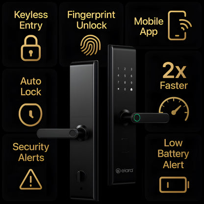Elara Echo Lite Smart Door Lock, Fingerprint, Card, App, OTP, Keys, PIN Unlock, Alarm Alert, Bluetooth & WiFi, Black