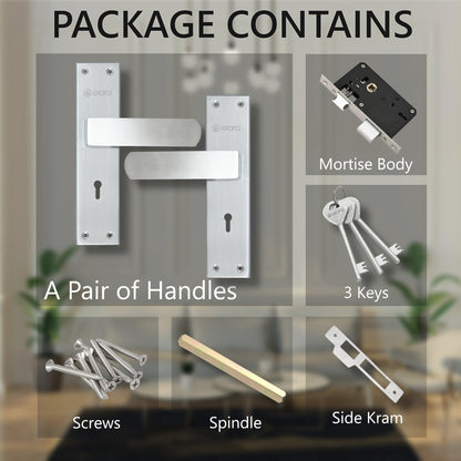 Elara Heavy-Duty Door-Lock Set Main Door-Lock Handle Set Mortise / Double Action Mortise-Lock with 3 Keys, Brass Lock-Body  (ESM-02 8" KY SS Finish)