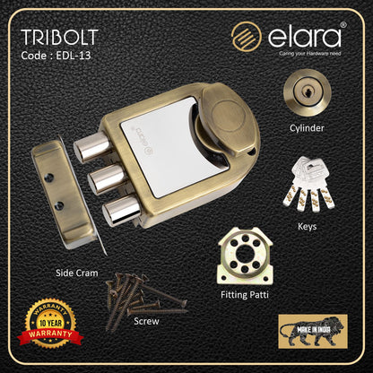 Elara Tribolt 1CK Deadbolt for Main Door, Suitable for Right and Left Handed Doors, Inside Opening Wooden Door Lock with 4 Reversible Brass Keys (Antique Finish, EDL-11, Tri Bolt, Ultra Key)