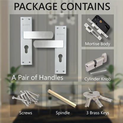 Elara Heavy-Duty Door-Lock Set Main Door Handle Set / Double Action Mortise-Lock with Cylinder, 3 Keys, Brass Lock-Body  (ESM-02 8" CY SS Finish)