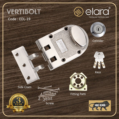Elara Vertibolt 1CK Deadbolt for Main Door, Suitable for Right and Left Handed Doors, Inside Opening Wooden Door Lock with 3 Reversible Brass Keys (Stainless Steel, EDL-19, Ultra Key)