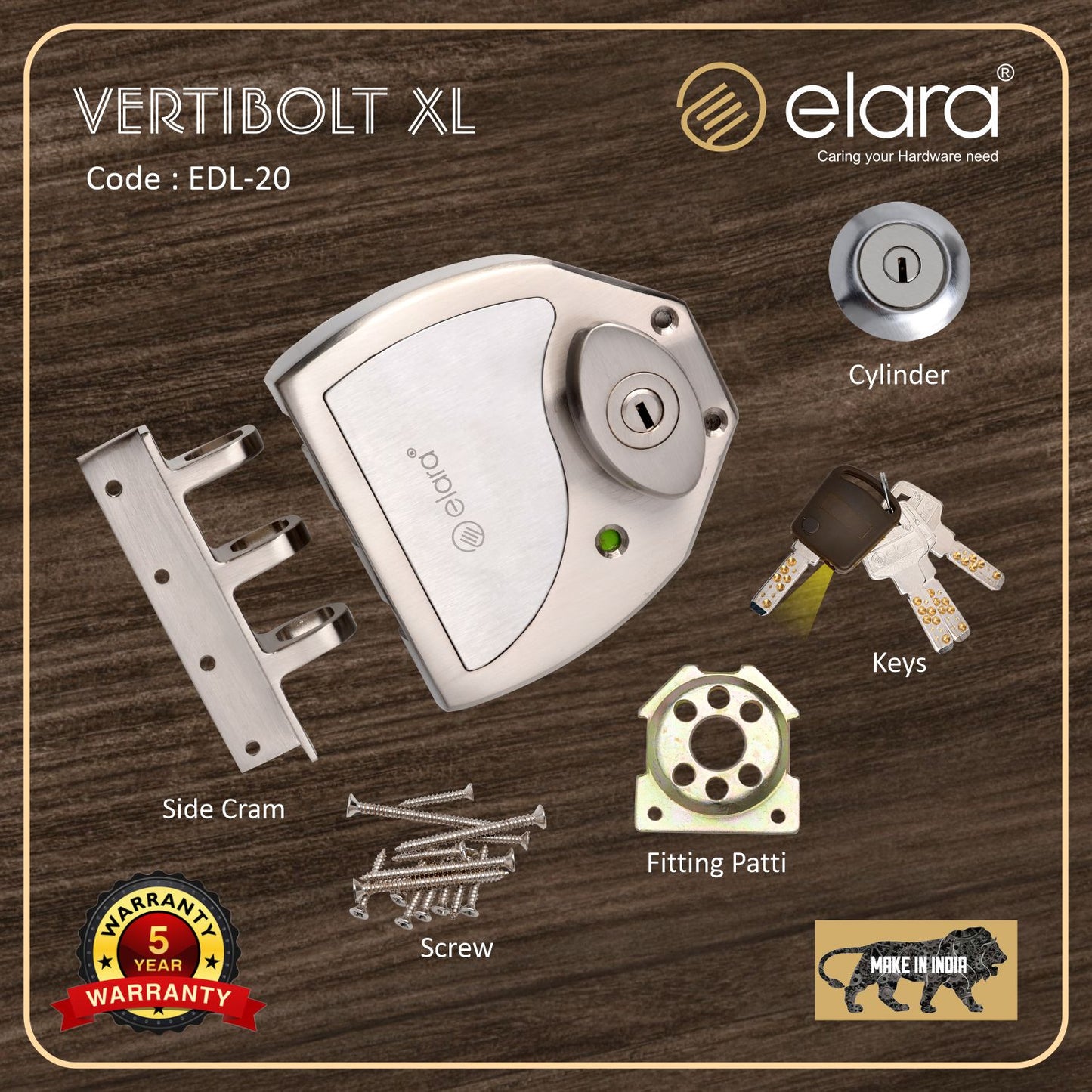 Elara Vertibolt 2CK Deadbolt for Main Double Door, Suitable for Right and Left Handed Doors, Double Door Lock with 4 Reversible Brass Keys (EDL-20) (SS)