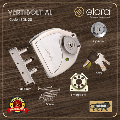 Elara Vertibolt 2CK Deadbolt for Main Double Door, Suitable for Right and Left Handed Doors, Double Door Lock with 4 Reversible Brass Keys (EDL-20) (SS)