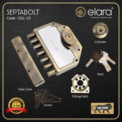 Elara Deadbolt Septabolt 2CK Door Lock, Rim Lock, Dead Bolt for Home, Door locks for main door with 4 Reversible Brass Keys (Antique, EDL-15, Septabolt, Ultra Key)