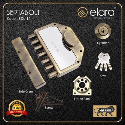 Elara Septabolt 1CK Deadbolt for Main Door, Suitable for Right and Left Handed Doors, Inside Opening Wooden Door Lock with 4 Reversible Brass Keys (EDL-14 Antique, Main Door Locks, Ultra Key)