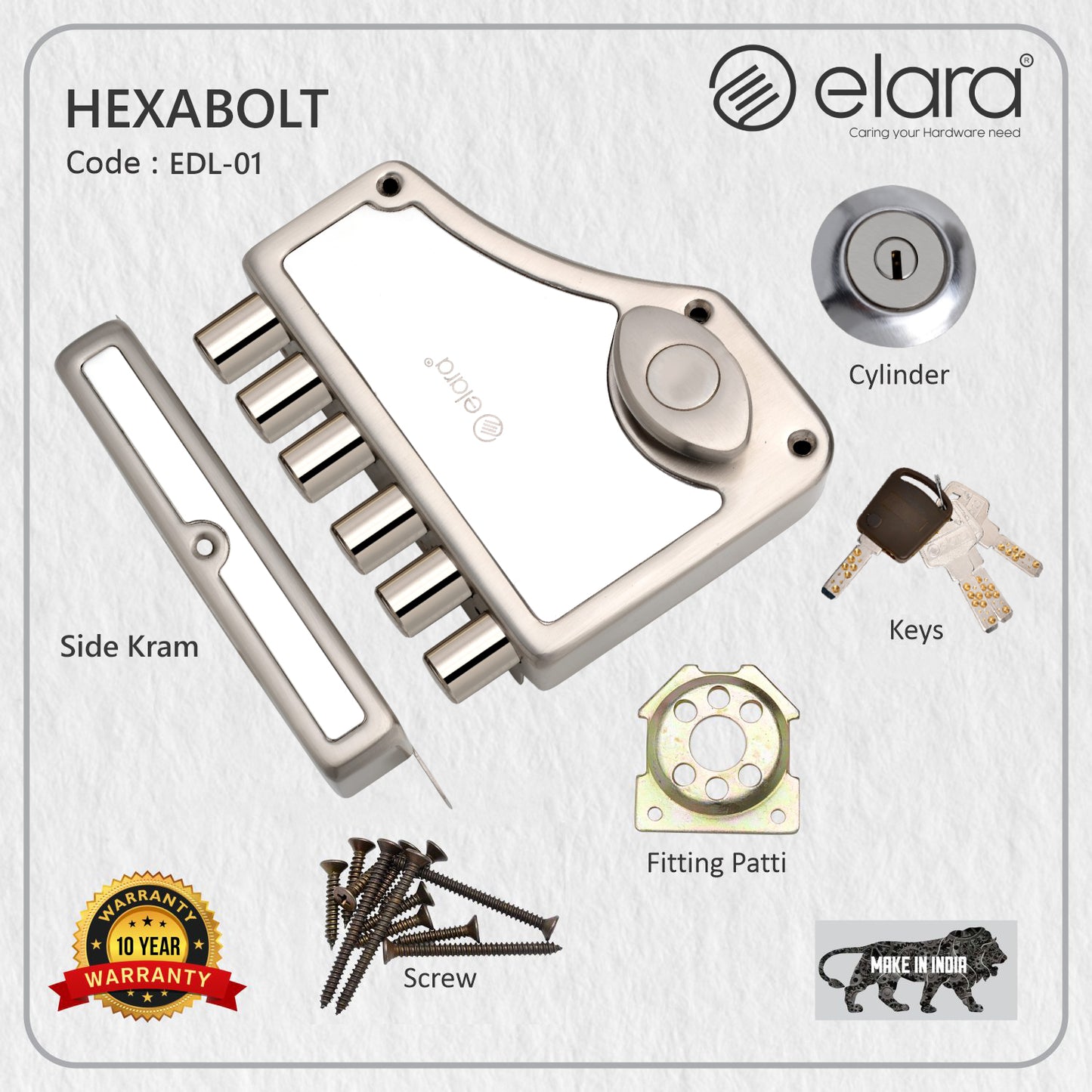 Elara Deadbolt Hexabolt 1CK Door Lock, Rim Lock, Dead Bolt for Home, Door Locks for Main Door with 4 Reversible Brass Keys (Stainless Steel, EDL-01, Hexabolt, Ultra Key)
