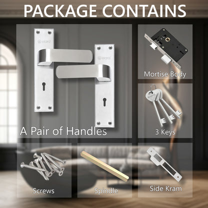 Elara Heavy-Duty Door-Lock Set Main Door Handle Set Mortise / Double Action Mortise-Lock with 3 Keys, Brass Lock-Body  (ESM-01 8" KY SS Finish)