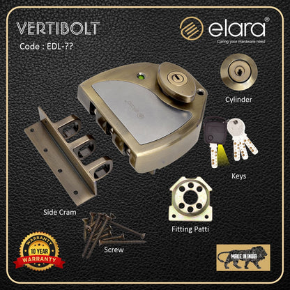 Elara Vertibolt 2CK Deadbolt for Main Double Door, Suitable for Right and Left Handed Doors, Double Door Lock with 4 Reversible Brass Keys (Antique, EDL-20)