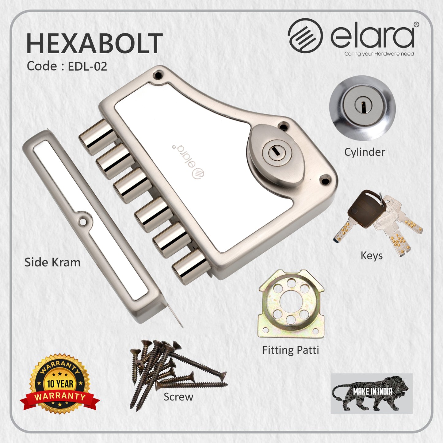 Elara Deadbolt Hexabolt 2CK Door Lock, Rim Lock, Dead Bolt for Home, Door Locks for Main Door with 4 Reversible Brass Keys (Stainless Steel, EDL-02, Hexabolt, Ultra Key)