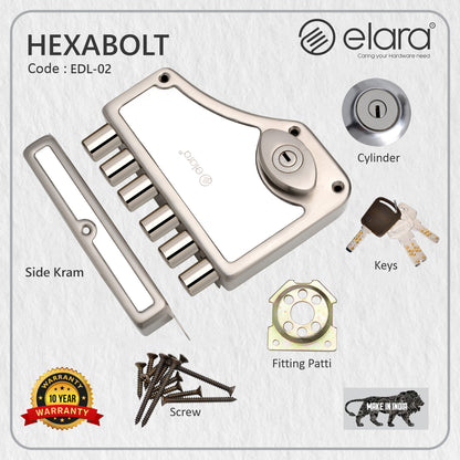 Elara Deadbolt Hexabolt 2CK Door Lock, Rim Lock, Dead Bolt for Home, Door Locks for Main Door with 4 Reversible Brass Keys (Stainless Steel, EDL-02, Hexabolt, Ultra Key)