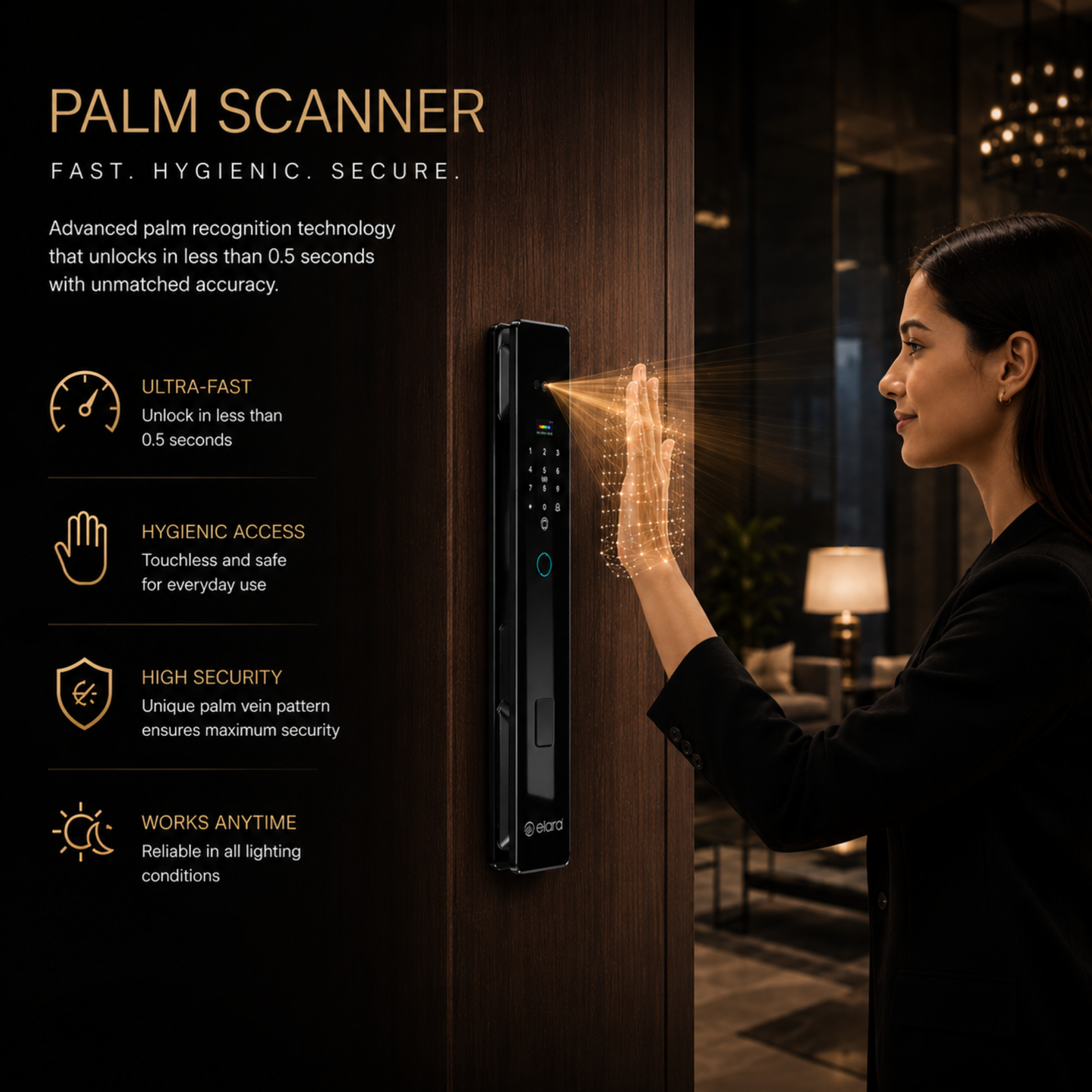 Elara Apex Prime Smart Door Lock, HD Display, Camera, Fingerprint, RFID Card Scanner, Pin Unlock, One Touch Lock, LED Light, Alarm Alert, Bluetooth & WiFi, Black,