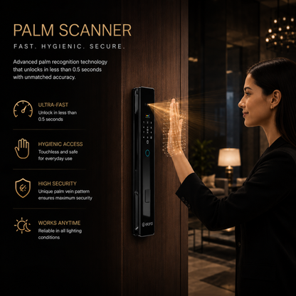 Elara Apex Prime Smart Door Lock, HD Display, Camera, Fingerprint, RFID Card Scanner, Pin Unlock, One Touch Lock, LED Light, Alarm Alert, Bluetooth & WiFi, Black,