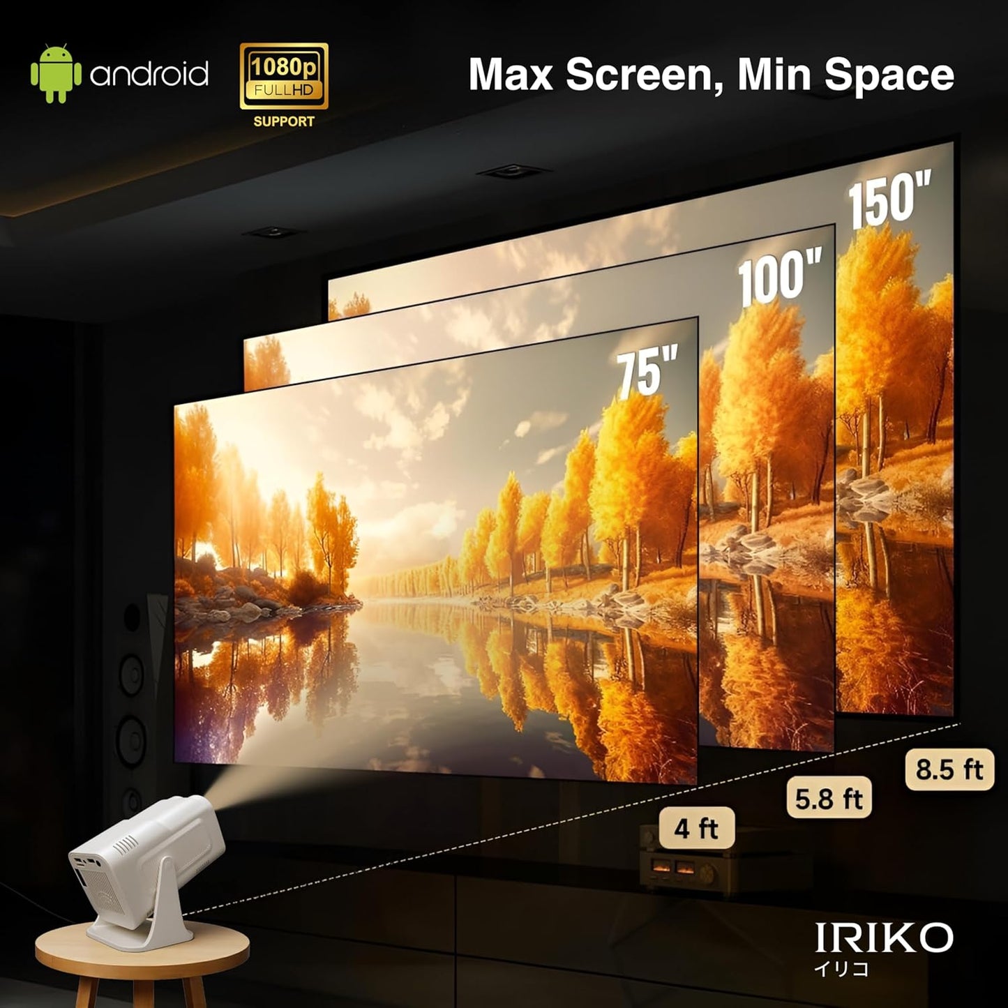 IRIKO Prism Plus Smart Projector | Full HD 1080P Support | Android Smart Projector | 150” Big Screen | Auto Keystone | 180° Adjustable Stand | Portable Home Theater Projector