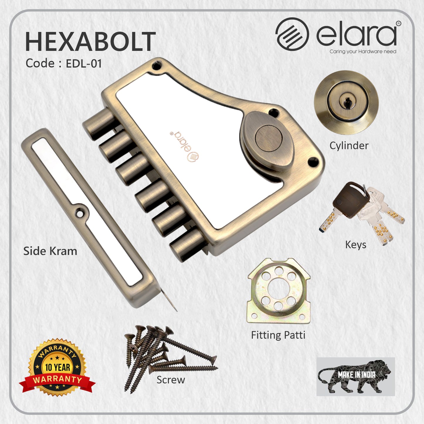 Elara Deadbolt Hexabolt 1CK Door Lock, Rim Lock, Dead Bolt for Home, Door Locks for Main Door with 4 Reversible Brass Keys (Antique, EDL-01, Hexabolt, Ultra Key)