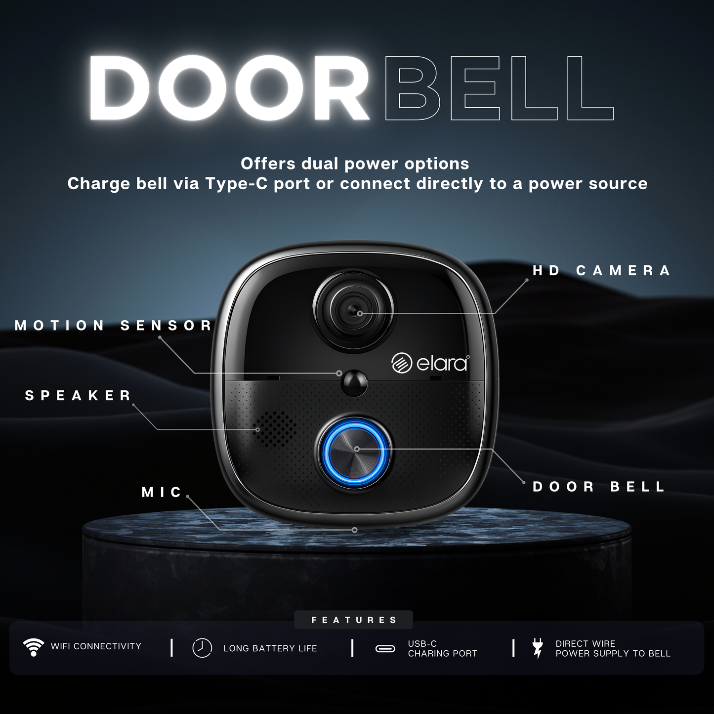 Elara Smart Video Doorbell 2K, 1080p HD Camera, Night Vision, IP65 Water-Resistant, Live Streaming, Plug and Play Chime WiFi, Dual Power Options, PIR Sensor