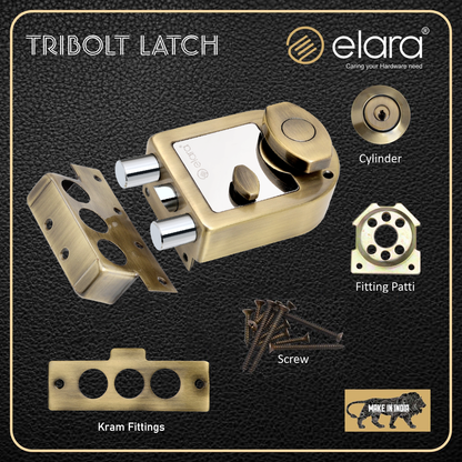 Elara Tribolt Latch Deadbolt for Main Door, Suitable for Right and Left Handed Doors, Inside Opening Wooden Door Lock with 4 Reversible Brass Keys (Antique Finish, EDL-13, Tri Bolt, Ultra Key)