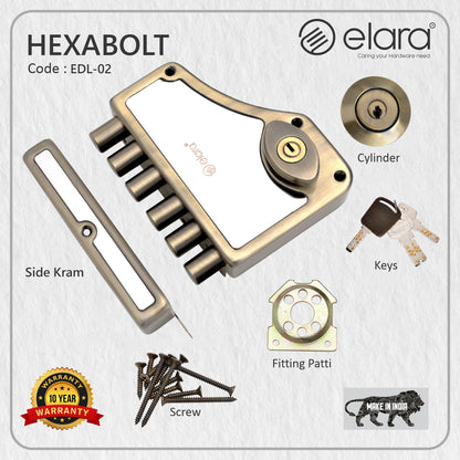 Elara Deadbolt Hexabolt 2CK Door Lock for Main Door, Deadbolt, Rim Latch Inside Opening Door Lock with 4 Reversible Brass Keys (Antique, EDL-02, Hexabolt, Ultra Key)