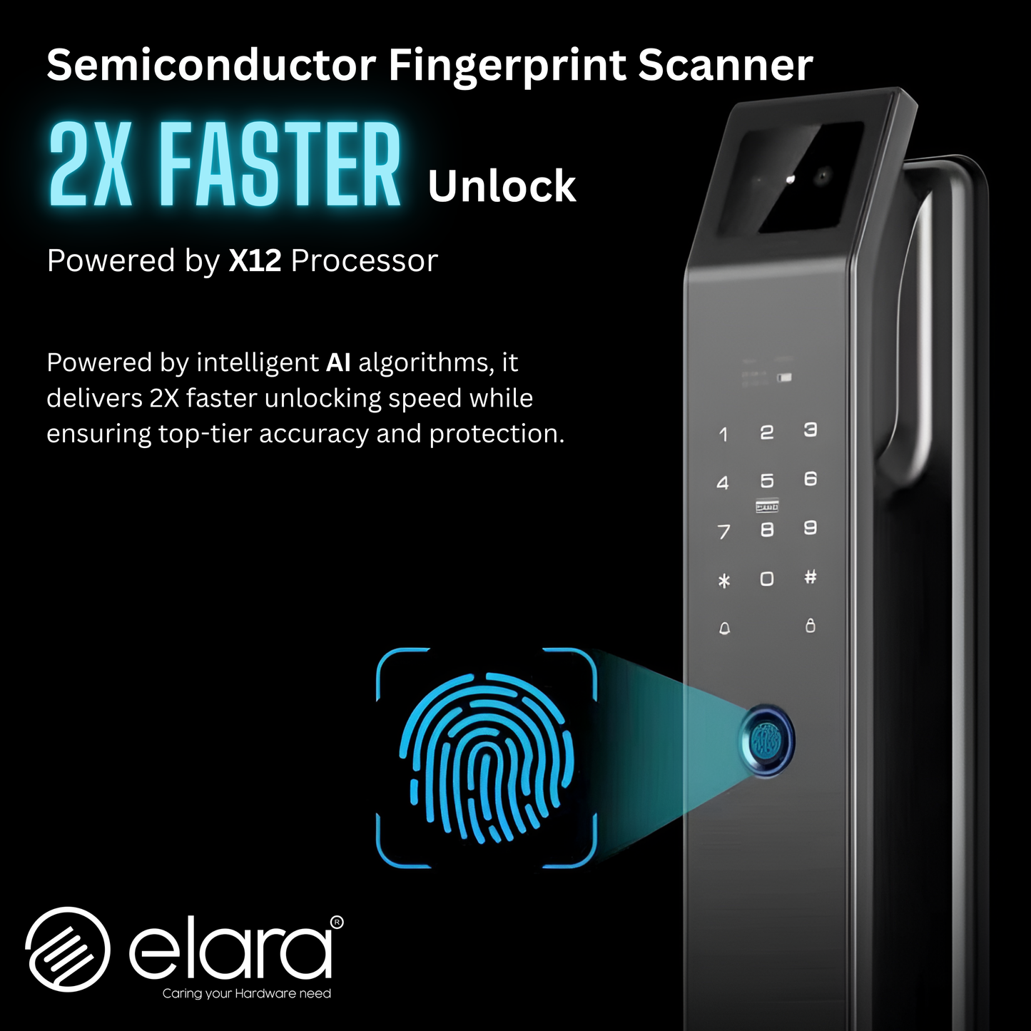 Elara Apex Lite Smart Door Lock, HD Display, Camera, Fingerprint, RFID Card Scanner, Pin Unlock, One Touch Lock, LED Light, Alarm Alert, Bluetooth & WiFi, Black,