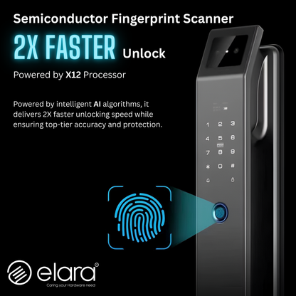 Elara Apex Lite Smart Door Lock, HD Display, Camera, Fingerprint, RFID Card Scanner, Pin Unlock, One Touch Lock, LED Light, Alarm Alert, Bluetooth & WiFi, Black,