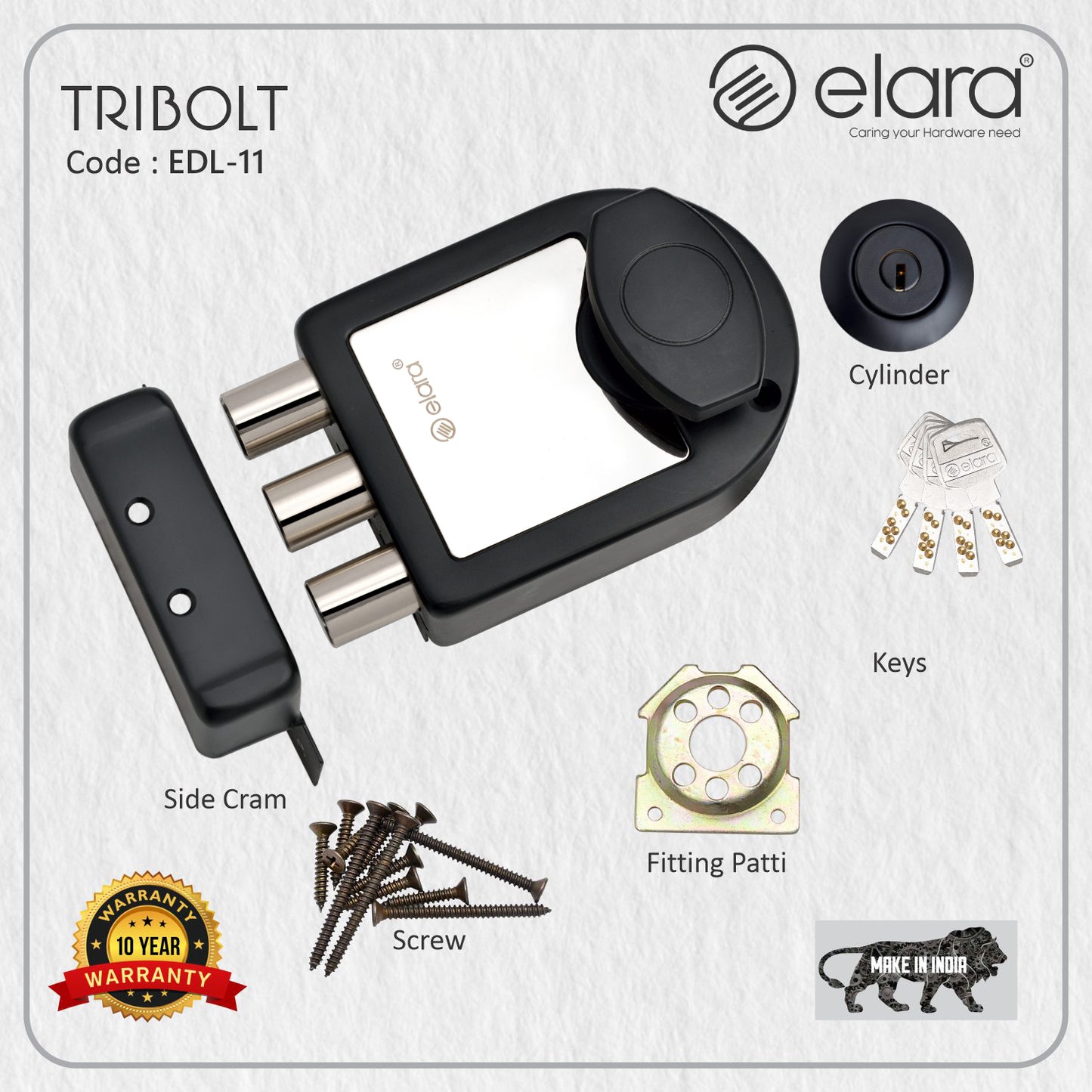 Elara Tribolt 1CK Deadbolt for Main Door, Suitable for Wooden Doors, Inside Opening Wooden Door Lock with 4 Reversible Brass Keys (Matte Black Finish, EDL-11, Tri Bolt, Ultra Key)