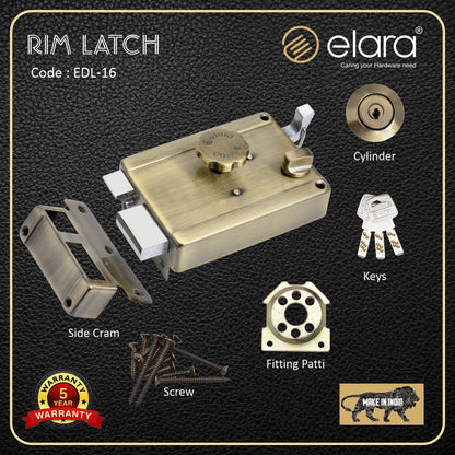 Elara Rim Latch 1CK Deadbolt for Main Door, Suitable for Wooden Doors, Inside Opening Wooden Door Lock with 3 Reversible Brass Keys (Antique Finish, EDL-16, Ultra Key)