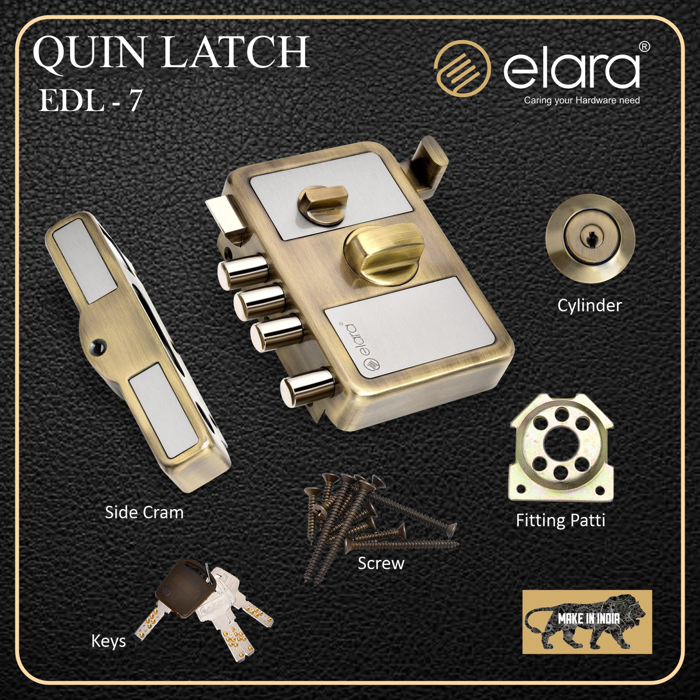 Elara Quin Latch Deadbolt for Main Door, Suitable for Right and Left Handed Doors, Inside Opening Wooden Door Lock with 3 Reversible Brass Keys (Antique Finish, EDL-07)