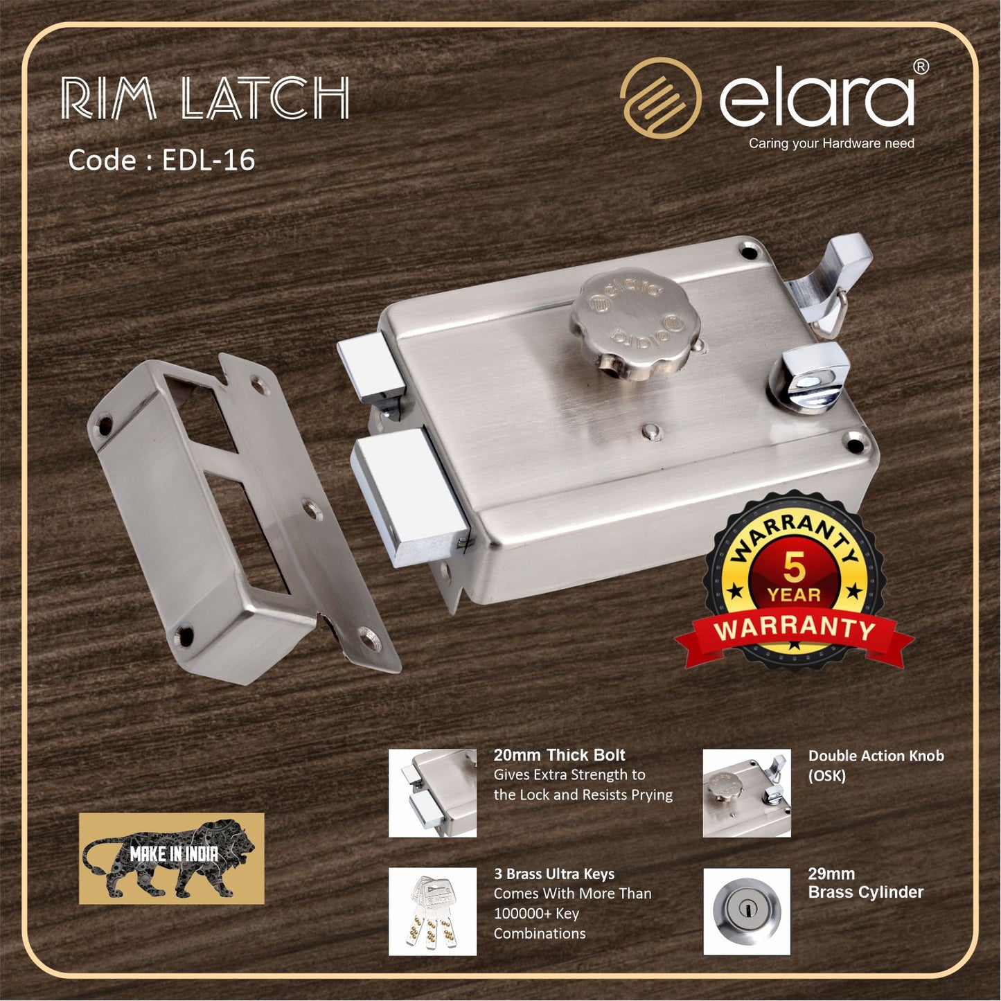 Elara Rim Latch 1CK Deadbolt for Main Door, Suitable for Wooden Doors, Inside Opening Wooden Door Lock with 3 Reversible Brass Keys (SS Finish, EDL-16, Ultra Key)