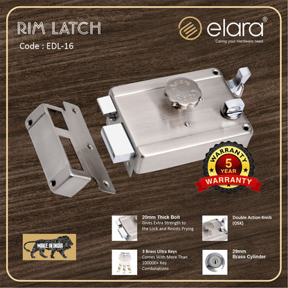 Elara Rim Latch 1CK Deadbolt for Main Door, Suitable for Wooden Doors, Inside Opening Wooden Door Lock with 3 Reversible Brass Keys (SS Finish, EDL-16, Ultra Key)
