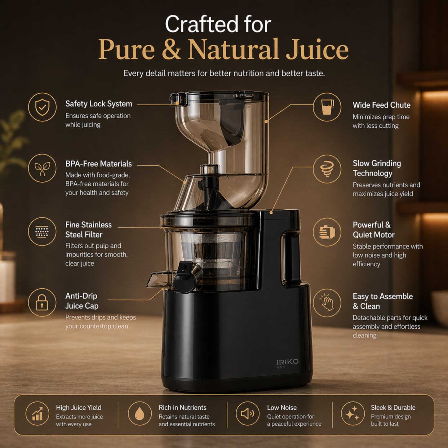 Iriko Cold Press Juicer Machine, Slow Masticating Juicer, High Juice Yield, Easy to Clean