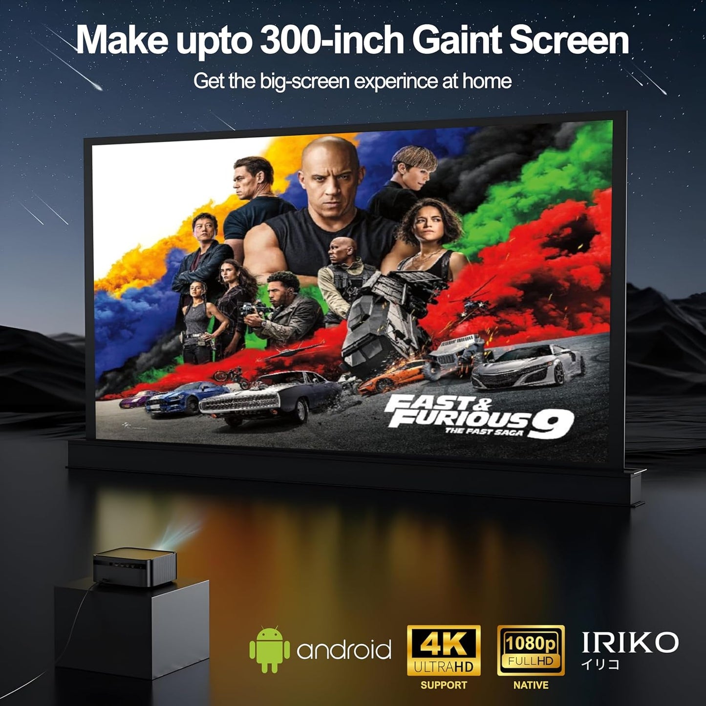 Elara IRIKO PRIZM MAX Full HD 1080P 4K Supports 1500 ANSI Android Projector with Upto 300" Display, 32GB+2GB, WiFi, BT, Multi-Device Compatibility Auto Focus, Keystone, Home & Gaming Projector Black