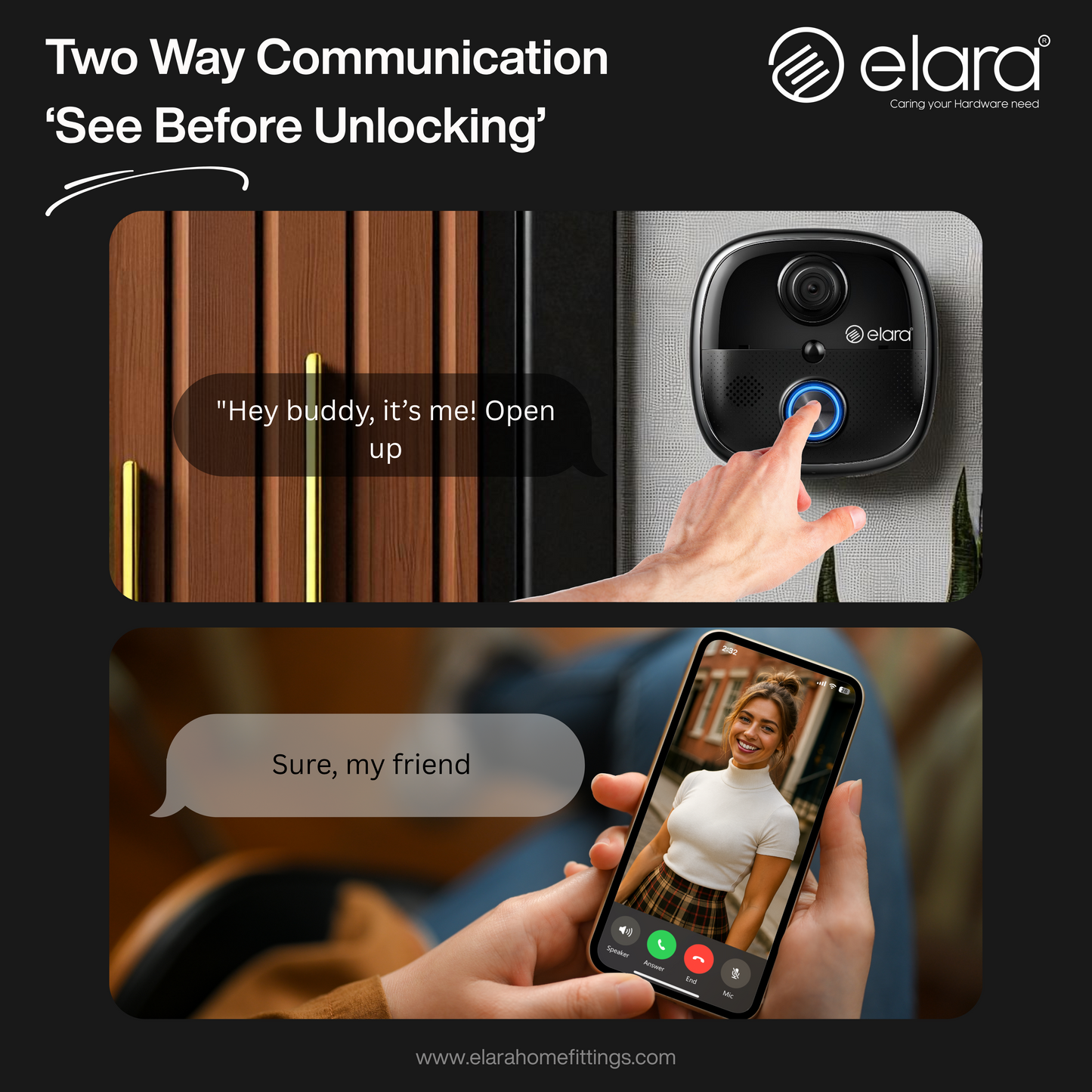 Elara Smart Video Doorbell 2K, 1080p HD Camera, Night Vision, IP65 Water-Resistant, Live Streaming, Plug and Play Chime WiFi, Dual Power Options, PIR Sensor