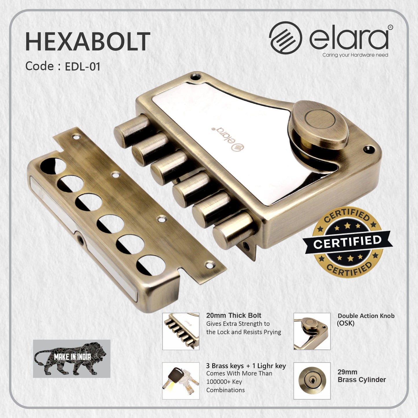 Elara Deadbolt Hexabolt 1CK Door Lock, Rim Lock, Dead Bolt for Home, Door Locks for Main Door with 4 Reversible Brass Keys (Antique, EDL-01, Hexabolt, Ultra Key)
