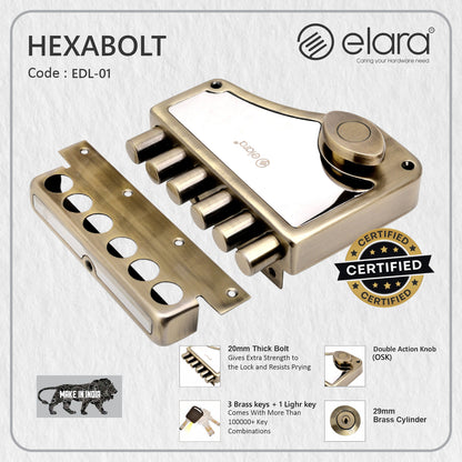 Elara Deadbolt Hexabolt 1CK Door Lock, Rim Lock, Dead Bolt for Home, Door Locks for Main Door with 4 Reversible Brass Keys (Antique, EDL-01, Hexabolt, Ultra Key)