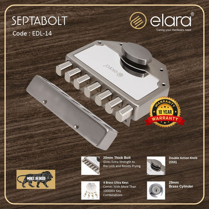 Elara Septabolt 1CK Deadbolt for Main Door, Suitable for Right and Left Handed Doors, Inside Opening Wooden Door Lock with 4 Reversible Brass Keys (SS, EDL-14, Main Door Locks, Ultra Key)