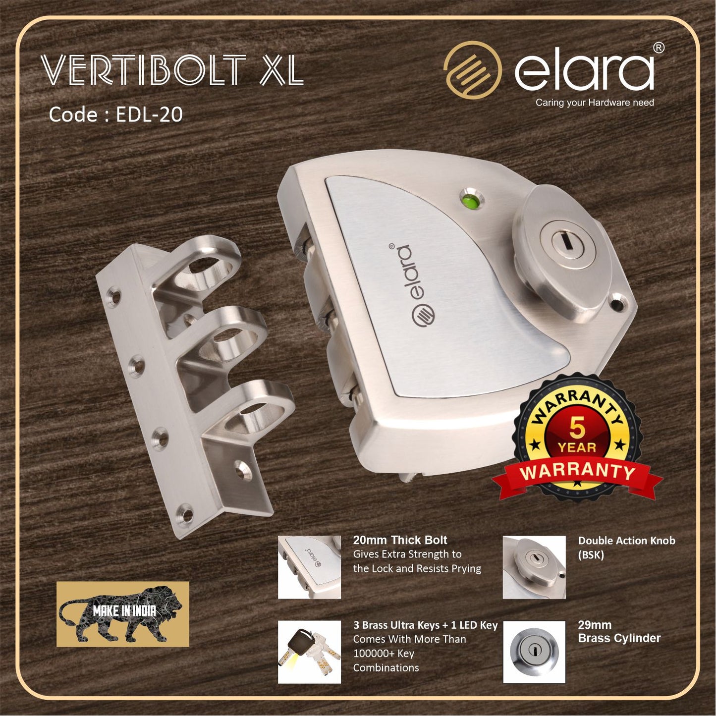 Elara Vertibolt 2CK Deadbolt for Main Double Door, Suitable for Right and Left Handed Doors, Double Door Lock with 4 Reversible Brass Keys (EDL-20) (SS)