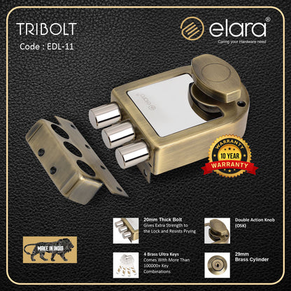 Elara Tribolt 1CK Deadbolt for Main Door, Suitable for Right and Left Handed Doors, Inside Opening Wooden Door Lock with 4 Reversible Brass Keys (Antique Finish, EDL-11, Tri Bolt, Ultra Key)