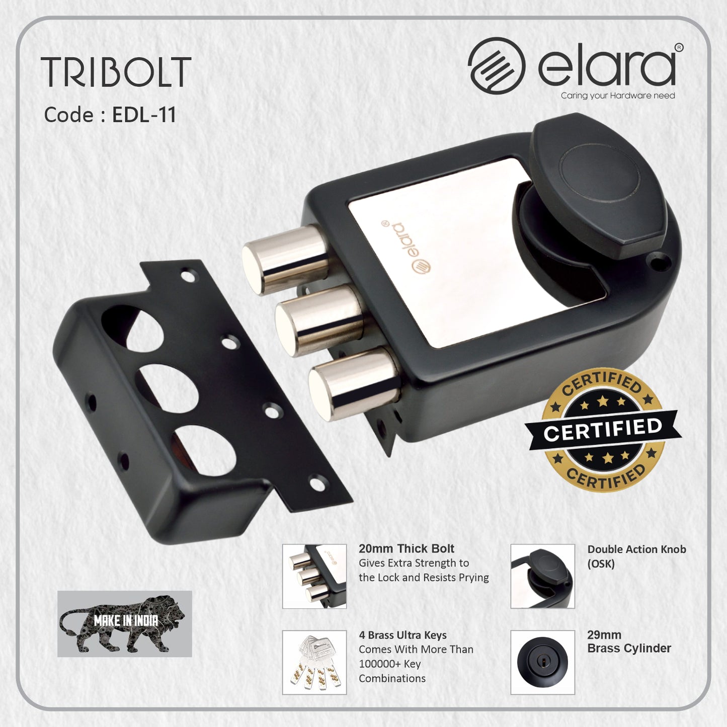 Elara Tribolt 1CK Deadbolt for Main Door, Suitable for Wooden Doors, Inside Opening Wooden Door Lock with 4 Reversible Brass Keys (Matte Black Finish, EDL-11, Tri Bolt, Ultra Key)