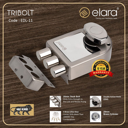 Elara Tribolt 1CK Deadbolt for Main Door, Suitable for Wooden Doors, Inside Opening Wooden Door Lock with 4 Reversible Brass Keys (SS Finish, EDL-11, Tri Bolt, Ultra Key)