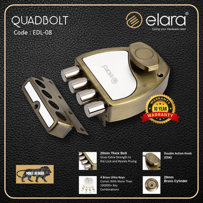 Elara Quadbolt 1CK Deadbolt for Main Door, Suitable for Right and Left Handed Doors, Inside Opening Wooden Door Lock with 4 Reversible Brass Keys (Antique, EDL-08, Four Bullet, Ultra Key)