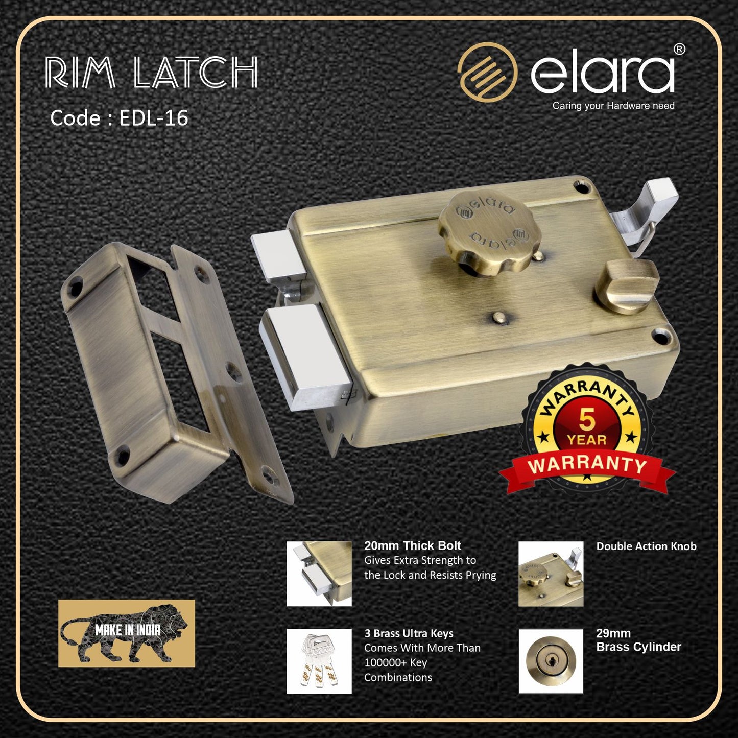 Elara Rim Latch 1CK Deadbolt for Main Door, Suitable for Wooden Doors, Inside Opening Wooden Door Lock with 3 Reversible Brass Keys (Antique Finish, EDL-16, Ultra Key)