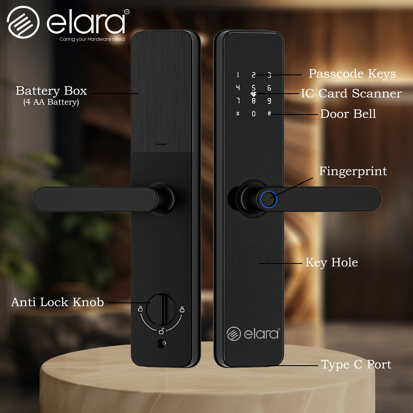 Elara Echo Pro Smart Door Lock, Fingerprint, Card, App, OTP, Keys, PIN Unlock, Alarm Alert, Bluetooth & WiFi. (Echo Pro)