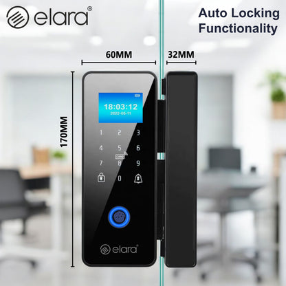 Elara GX-1 Smart Glass Door Lock, Fingerprint, Mobile App, PIN, RFID Card, 10-12 mm Glass Doors