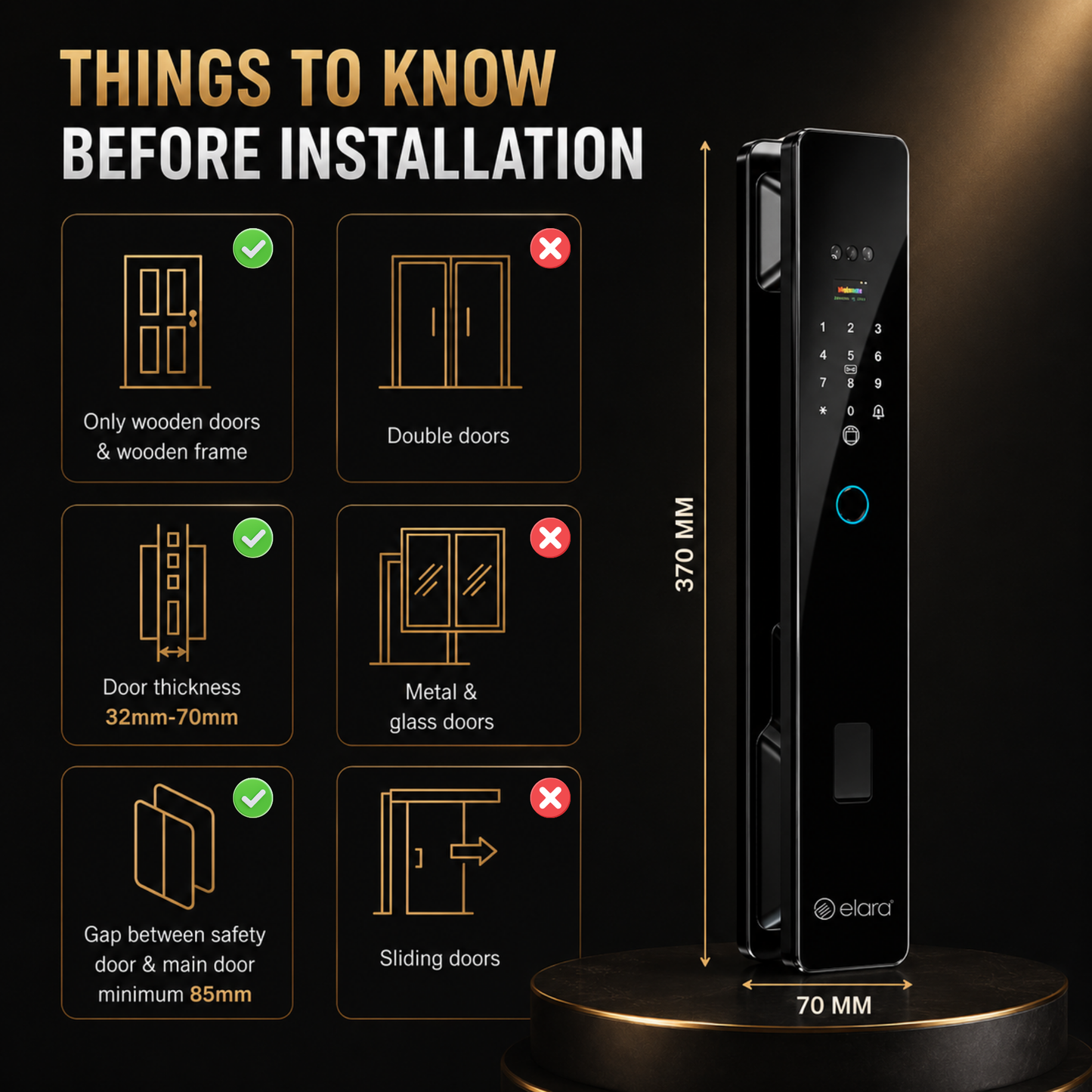 Elara Apex Prime Smart Door Lock, HD Display, Camera, Fingerprint, RFID Card Scanner, Pin Unlock, One Touch Lock, LED Light, Alarm Alert, Bluetooth & WiFi, Black,