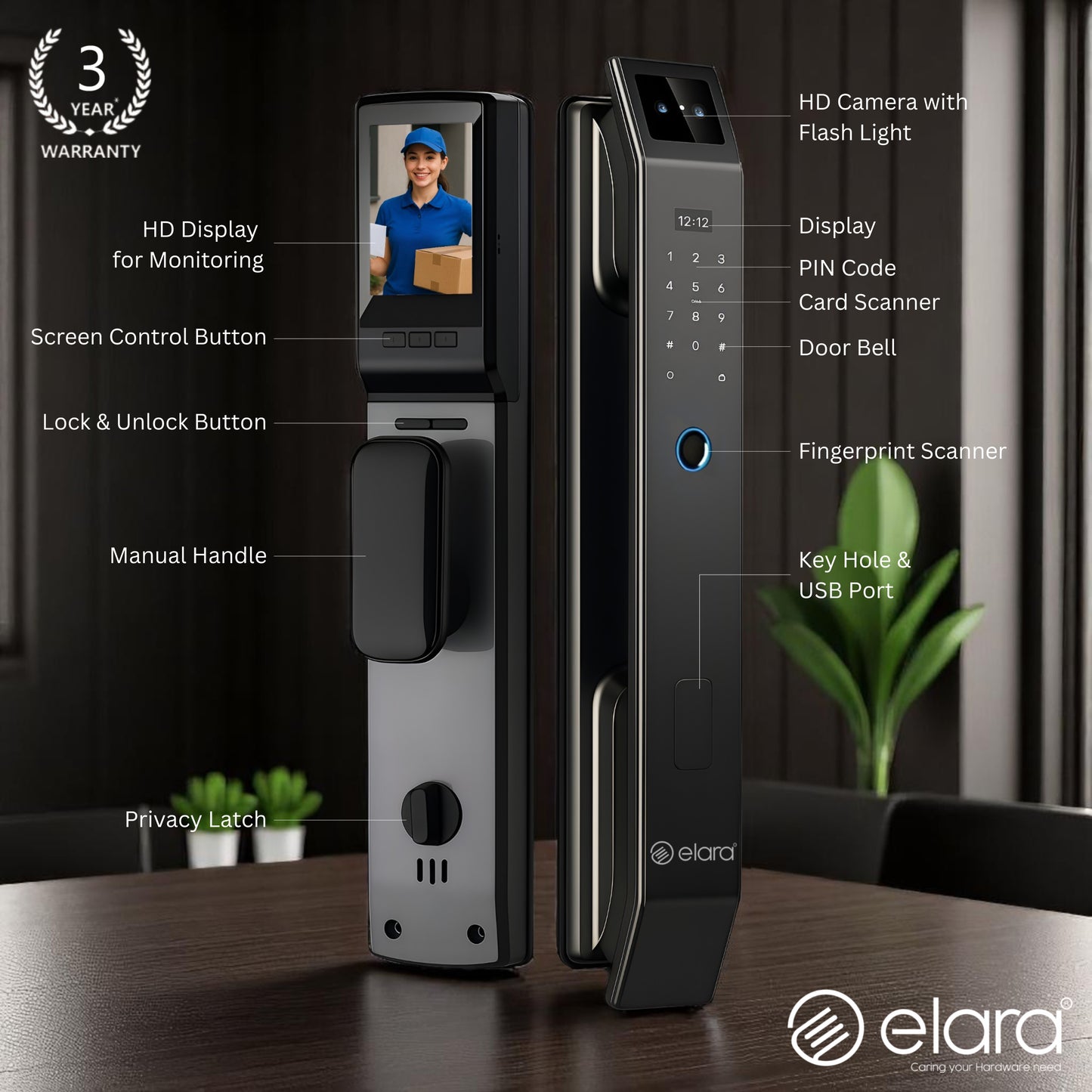 Elara Apex Lite Smart Door Lock, HD Display, Camera, Fingerprint, RFID Card Scanner, Pin Unlock, One Touch Lock, LED Light, Alarm Alert, Bluetooth & WiFi, Black,