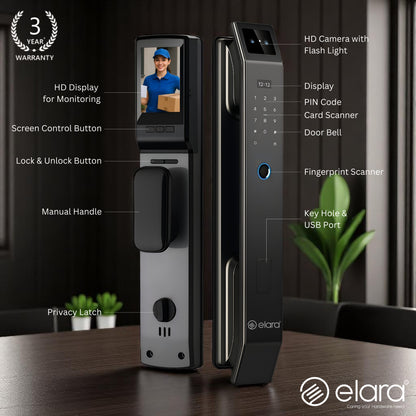 Elara Apex Lite Smart Door Lock, HD Display, Camera, Fingerprint, RFID Card Scanner, Pin Unlock, One Touch Lock, LED Light, Alarm Alert, Bluetooth & WiFi, Black,