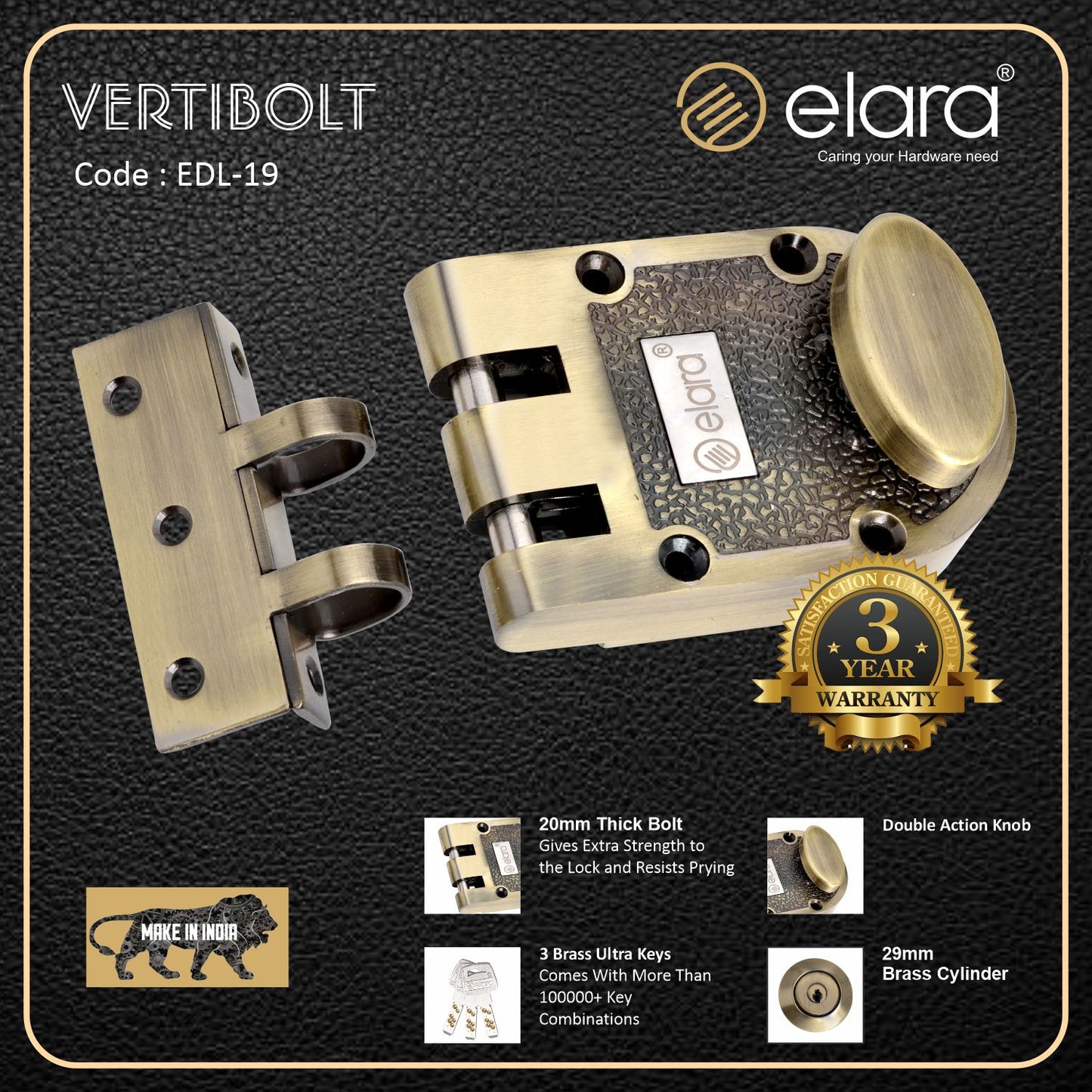 Elara Vertibolt 1CK Deadbolt for Main Door, Suitable for Right and Left Handed Doors, Inside Opening Wooden Door Lock with 3 Reversible Brass Keys (Antique Finish, EDL-19, Ultra Key)