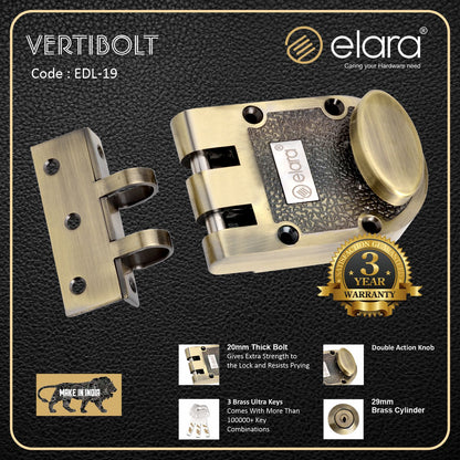 Elara Vertibolt 1CK Deadbolt for Main Door, Suitable for Right and Left Handed Doors, Inside Opening Wooden Door Lock with 3 Reversible Brass Keys (Antique Finish, EDL-19, Ultra Key)