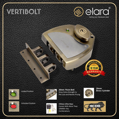 Elara Vertibolt 2CK Deadbolt for Main Double Door, Suitable for Right and Left Handed Doors, Double Door Lock with 4 Reversible Brass Keys (Antique, EDL-20)