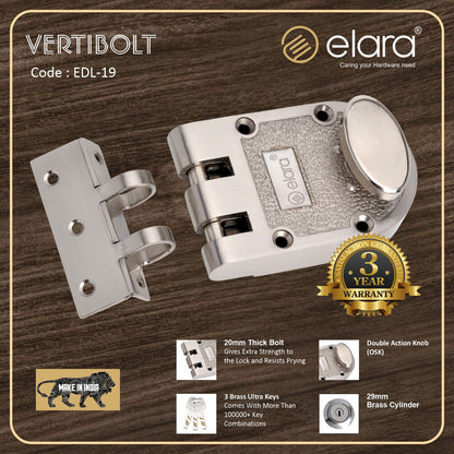 Elara Vertibolt 1CK Deadbolt for Main Door, Suitable for Right and Left Handed Doors, Inside Opening Wooden Door Lock with 3 Reversible Brass Keys (Stainless Steel, EDL-19, Ultra Key)