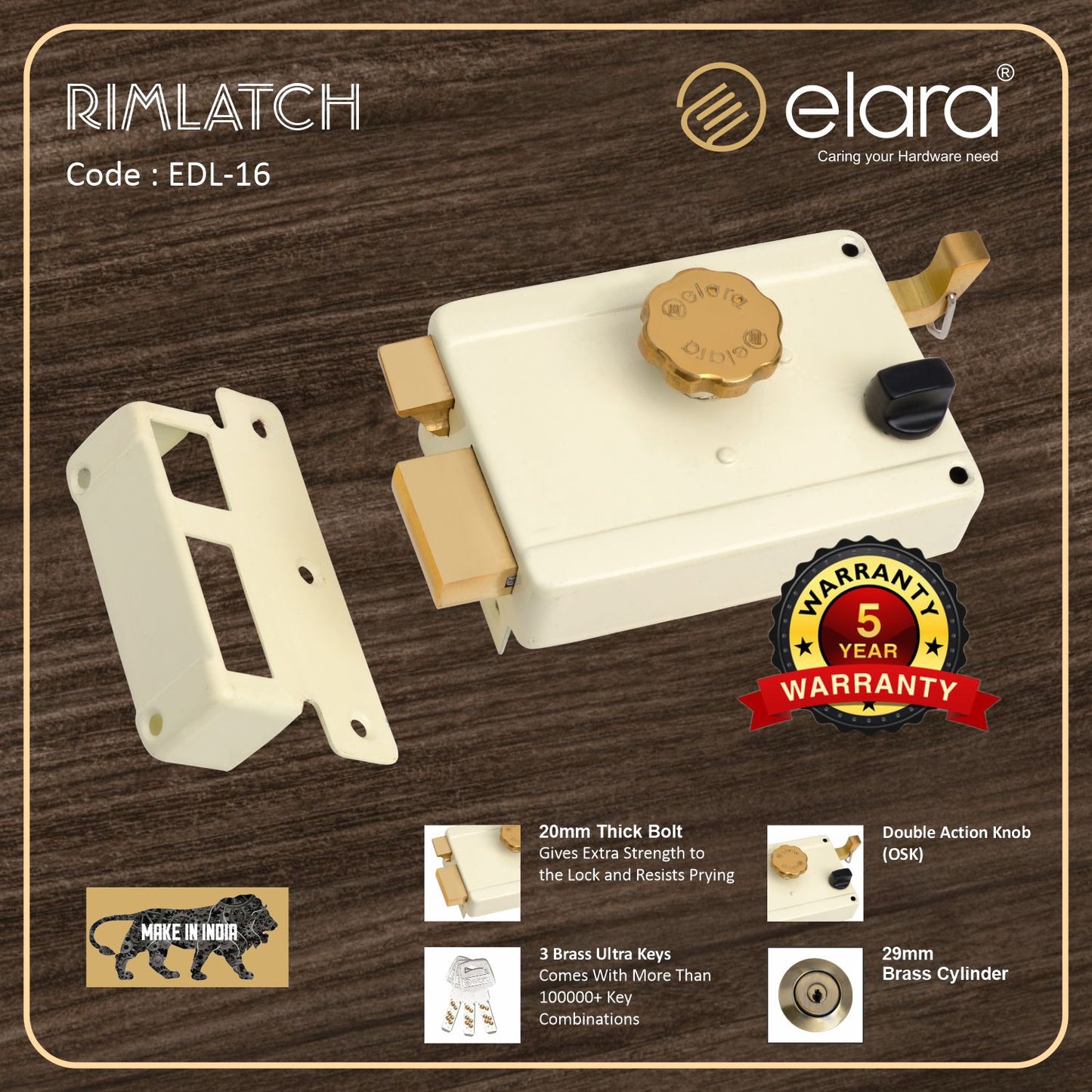 Elara Rim Latch 1CK Deadbolt for Main Door, Suitable for Right and Left Handed Doors, Inside Opening Wooden Door Lock with 3 Reversible Brass Keys (Ivory Finish, EDL-16, Ultra Key)